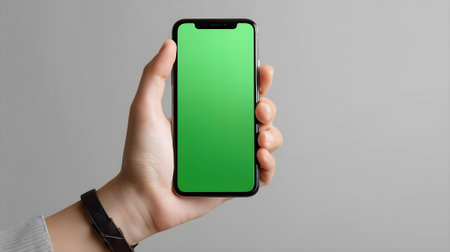 male hand holding phone with green screen on gray background, mockup.ai generatedの素材