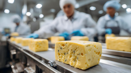 Close-up of cheese on conveyor belt with workers in background.ai generatedの素材