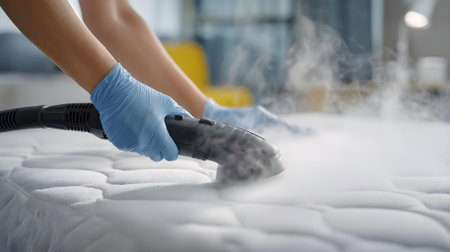 Close-up of female hands in gloves cleaning mattress with vacuum cleaner.ai generatedの素材
