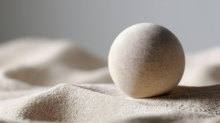 A closeup shot of a wooden ball on a background of sand.ai generatedの素材