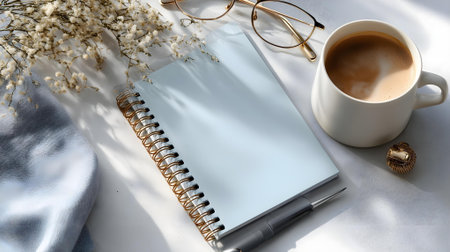 Coffee cup, notebook and glasses on a white background.ai generatedの素材