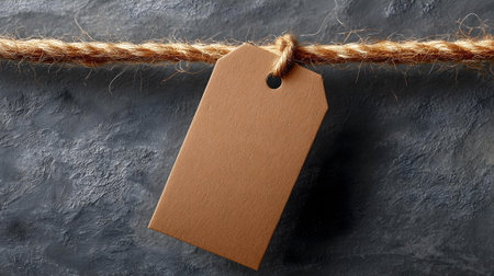 Blank price tag hanging on rope on dark background, closeup.ai generatedの素材