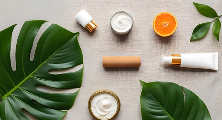 Skin care products with monstera leaf on light background, flat lay.ai generatedの素材