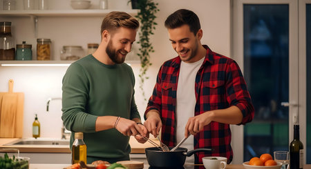 happy gay couple cooking together in kitchen at home, looking at each other.ai generatedの素材