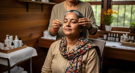 Mature woman having eyelash extension procedure in beauty salon. Portrait of mature female getting eyelash extension procedure.ai generatedの素材
