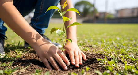 cropped shot of child planting tree in soil on blurred background, ecology concept.ai generatedの素材