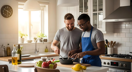 Cheerful gay couple cooking together in the kitchen at home, copy space.ai generatedの素材