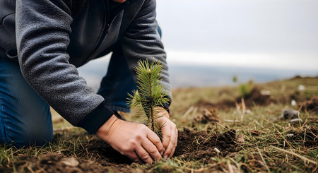 Hands of a young man planting a small pine tree in the ground.ai generatedの素材