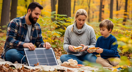 Family eating sandwiches in the autumn forest. Family picnic in nature.ai generatedの素材
