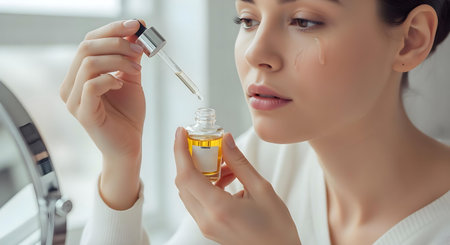 Beautiful young woman applying serum on her face in front of the mirror.ai generatedの素材