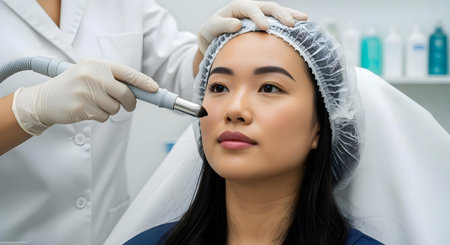 Portrait of young asian woman getting laser treatment in beauty salon.ai generatedの素材