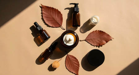 Flat lay composition with natural cosmetic products and autumn leaves on beige background.ai generatedの素材