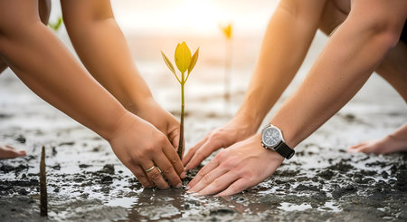 Close-up of young couple planting a tree on the ground.ai generatedの素材