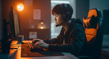 E sport game Cyber security concept. Young asian man wearing headphones and using computer at night.ai generatedの素材