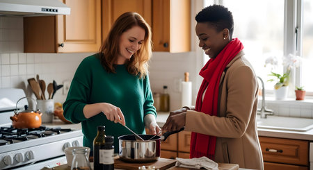 couple cooking together in kitchen at home and smiling.ai generatedの素材