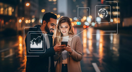 Smiling young couple using smartphone in city at night with digital interface.ai generatedの素材