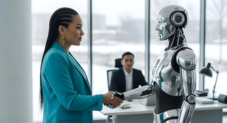 businesswoman shaking hands with robot in modern office.ai generatedの素材