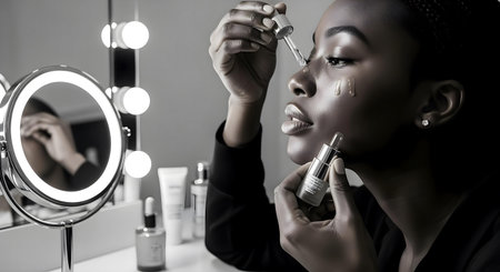 Beautiful  woman applying make up in front of a mirror.ai generatedの素材