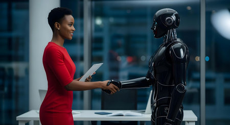 woman in red dress shaking hands with robot in office.ai generatedの素材