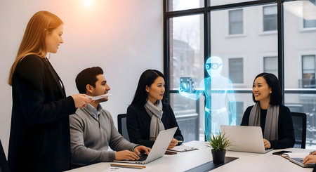 Group of business people in smart casual wear working together in modern office with virtual projection of robot. Concept of artificial intelligence .ai generatedの素材