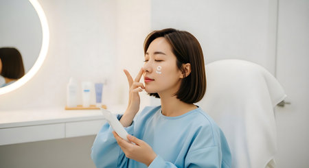 Beautiful young asian woman applying cosmetic cream on face in beauty salon.ai generatedの素材