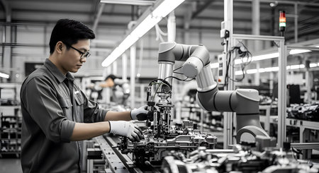 Smart factory workers are using robots to make assembly line in the factory.ai generatedの素材