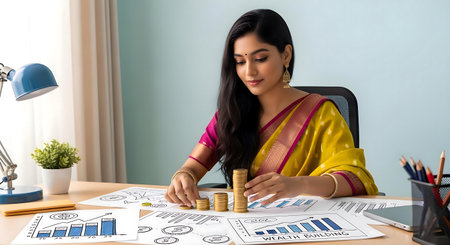 Beautiful Indian businesswoman working with financial charts and graphs in office.ai generatedの素材