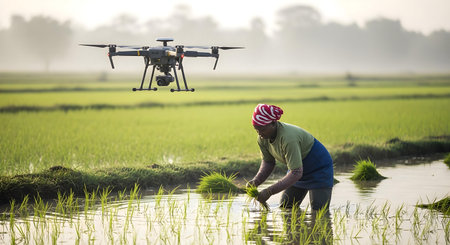 Farmer operating drone in rice field at morning. Agricultural industry.ai generatedの素材