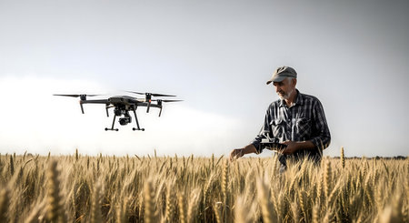 Farmer operating drone with remote control in wheat field on summer day.ai generatedの素材