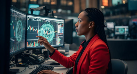 businesswoman in red jacket working on computer at night.ai generatedの素材