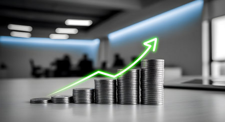 Stacks of coins with growing graph on office background. Business and finance concept.ai generatedの素材