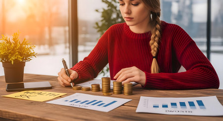 cropped shot of businesswoman working with coins at table in office.ai generatedの素材