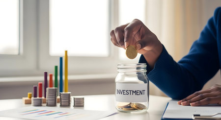 Woman putting coin into a glass jar with the word investment, business concept.ai generatedの素材