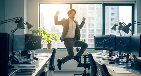 Happy businessman jumping in the office. Successful business people concept.ai generatedの素材