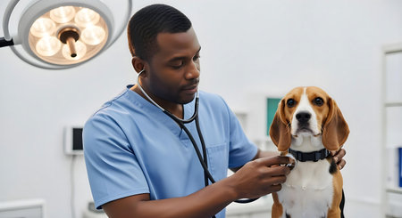 african american veterinarian with stethoscope examining beagle dog in clinic.ai generatedの素材