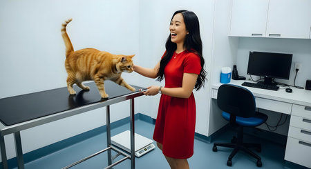Young beautiful asian woman in red dress with cat at vet clinic.ai generatedの素材