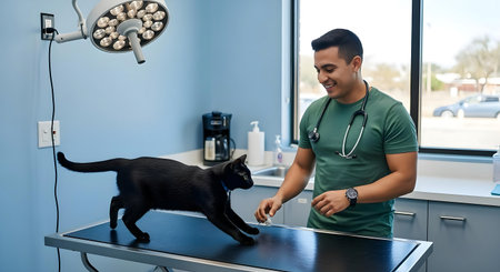 Veterinarian examining black cat in vet clinic. Animal care concept.ai generatedの素材