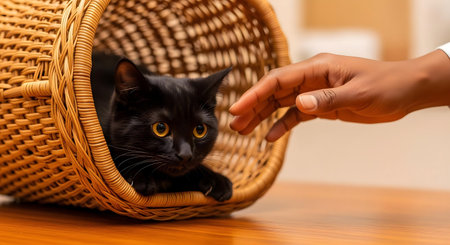 cropped view of  woman touching black cat in wicker basket.ai generatedの素材