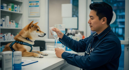 Asian male veterinarian examining shiba inu dog in veterinary clinic.ai generatedの素材