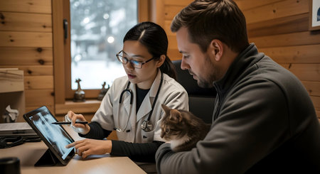 Veterinarian using digital tablet with cat on table in vet clinic.ai generatedの素材