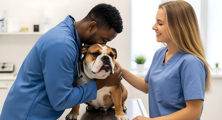 veterinarian examining dog in vet clinic, collage.ai generatedの素材