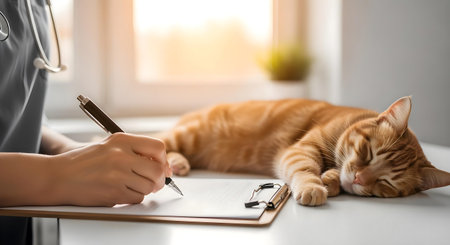 Veterinarian writing on clipboard with cat at table, closeup.ai generatedの素材