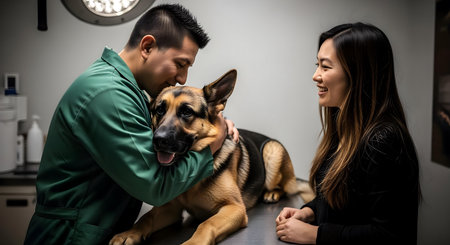 Veterinarian examining a German shepherd dog in a veterinary clinic.ai generatedの素材