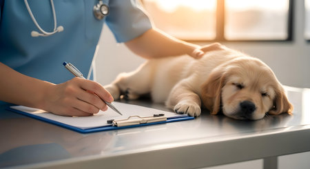 Female veterinarian and golden retriever dog at vet clinic. Health care and vet concept.ai generatedの素材