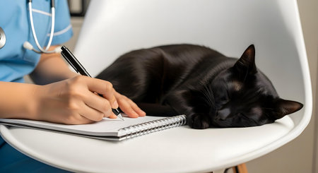 Veterinarian writing on notebook with cat lying on chair, closeup.ai generatedの素材