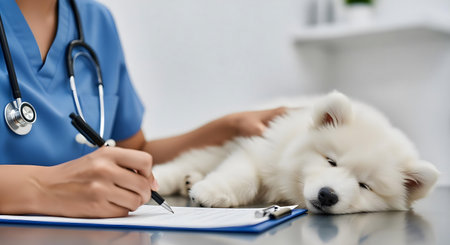 Veterinarian doctor writing on clipboard with cute Samoyed dog.ai generatedの素材