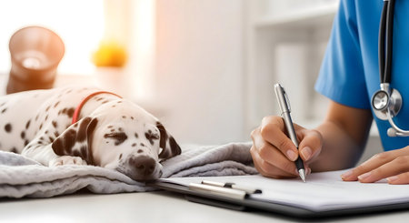 Dog lying on the table while a veterinarian is writing in a notebook.ai generatedの素材