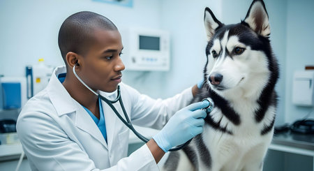 veterinarian examining husky dog with stethoscope in clinic.ai generatedの素材