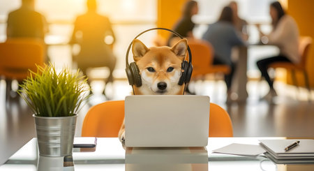 Shiba inu dog listening to music with headphones and working on laptop in office.ai generatedの素材