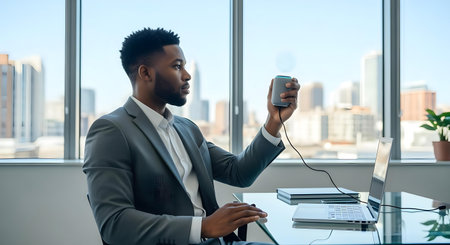 Young  businessman in suit using mobile phone while working in office.ai generatedの素材